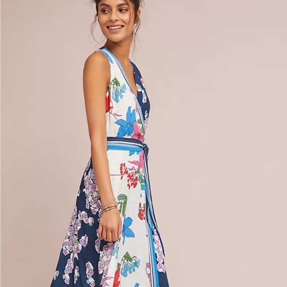 Anthropologie Dresses & Skirts - Maeve Anthrolpologie Faux Wrap Mixed Print Sleeveless Dress Floral Blue Size 4